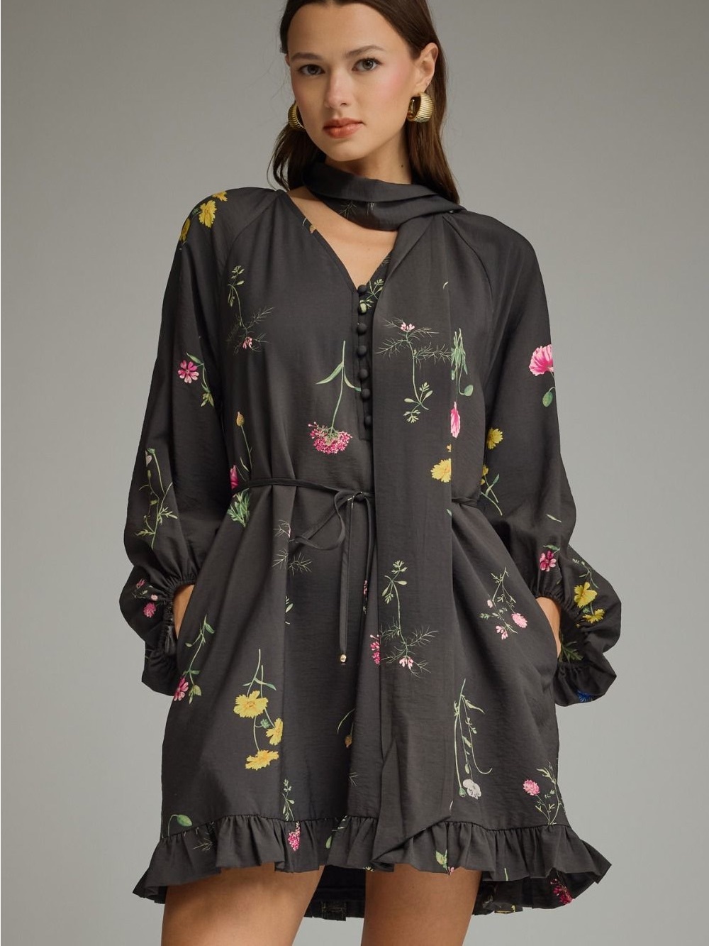 NWT entro Black Floral Long-Sleeve Removable Tie-Neck Dress